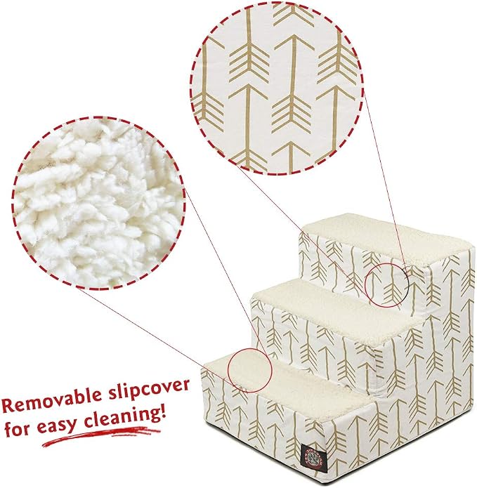 Majestic Pet 3 Step Portable Dog Stairs for Small Dogs to get on Bed Supports 25 lbs or Less – Dog Steps for High Bed with Machine Washable Cover – Pet Stairs for Cats Arrow White/Gold