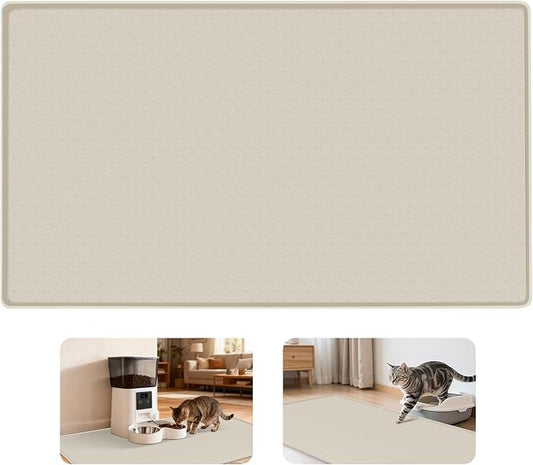 Cat Food Mat, 51" x 25.6" Extra Large Silicone Pet Feeding Mat with Raised Edge Pet Placemat for Food and Water Bowl Non-Slip, Easy to Clean, Floor Protection (Beige)