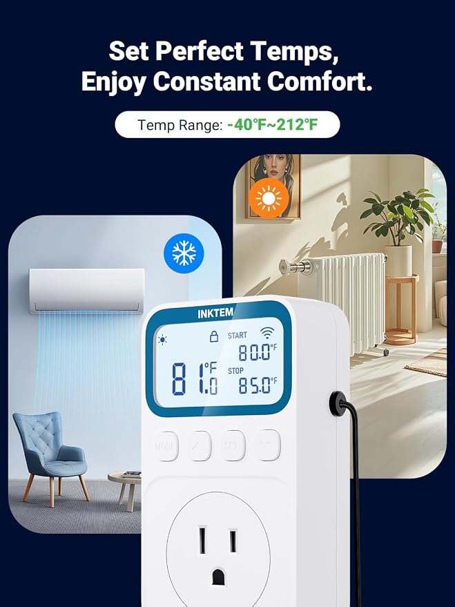 WiFi Plug in Thermostat Outlet, Temperature Controlled Outlet with Smart APP, Timer & Memory Digital Temp Controller -40~212℉, IP67 Waterproof Probe for Incubator Homebrew Reptile Space Heater | 16A