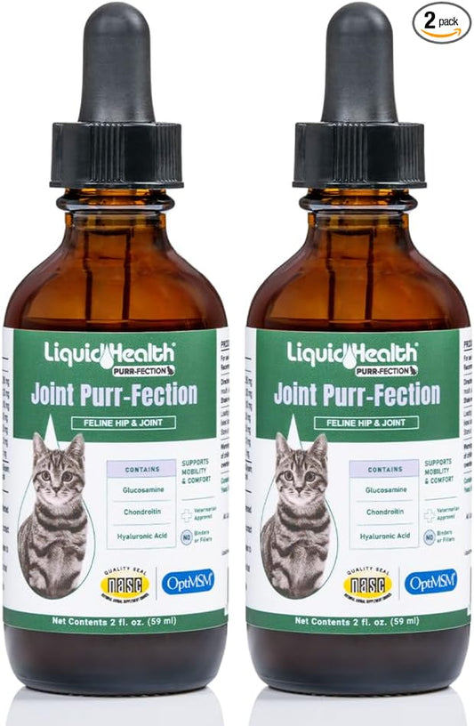 LIQUIDHEALTH Pets Liquid Cat Glucosamine Joint Purr-Fection - Hip & Joint Health Relief Support, Chondroitin Feline Droppers for Senior Older Adult Cats & Kittens - Made in the USA (2 Pack)