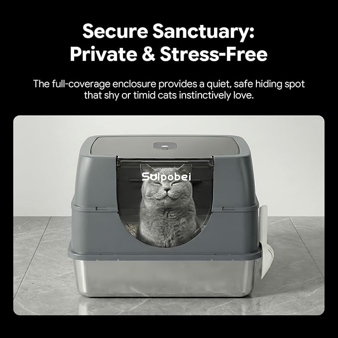 Solpobei Stainless Steel Cat Litter Box with Lid, Covered Pan, Medium | Metal cat box, small enclosed pan, 18.7 in length, high sided, odor control