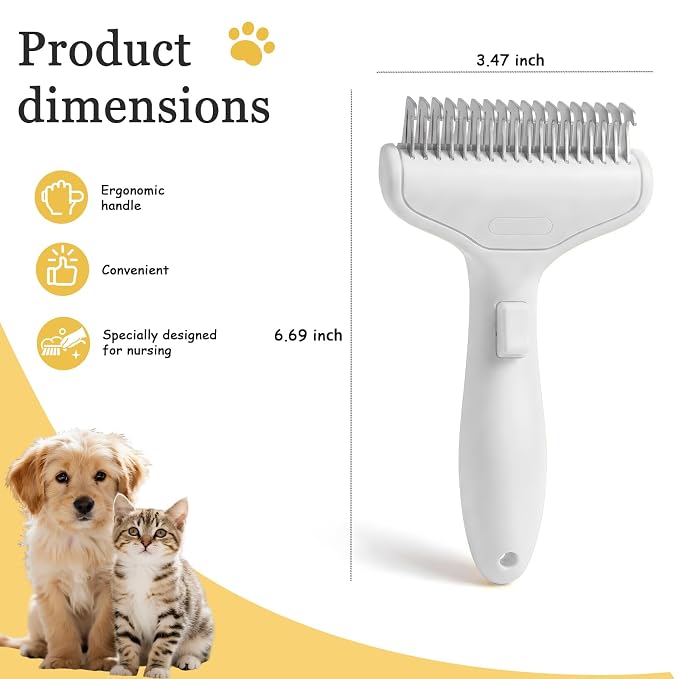 Dog Brush and Cat Deshedding Rake, Pet Grooming Tool for Shedding with Rounded Stainless Steel Teeth, Comfortable Grip for Long or Thick Coats (Style 2 White)