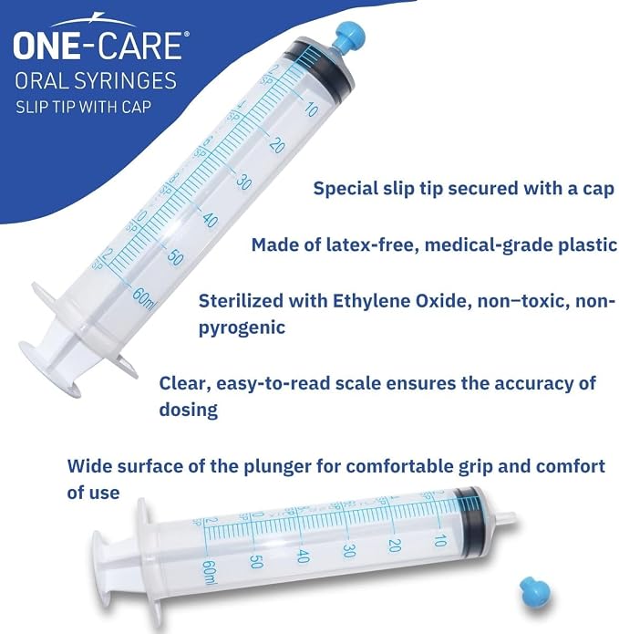 ONE-CARE 60ml Oral Syringe with Cap - Sterile, Individually Wrapped - 25 Syringes/box (25 Pack), Slip Tip, Syringe for Liquid, Versatiie use