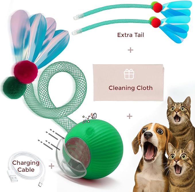 Cat Toys for Indoor Cats – Automatic Kitten Interactive Toy with Speedy Ball Tail as Pet Mental Stimulation -Kittens Small Dogs and Bored Adult Dog Balls to Keep Them Busy as Enrichment -Green