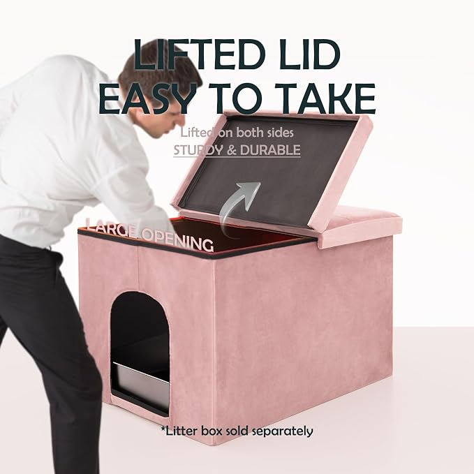 MEEXPAWS Cat Litter Box Enclosure Furniture Hidden Large, Lift Design Lid Velvet Cat Washroom Bench Storage Cabinet |25.6x 17.7 x 17.7 in| Dog Proof|Urine Proof Inside|Quick Assembly| Easy Clean(Pink)