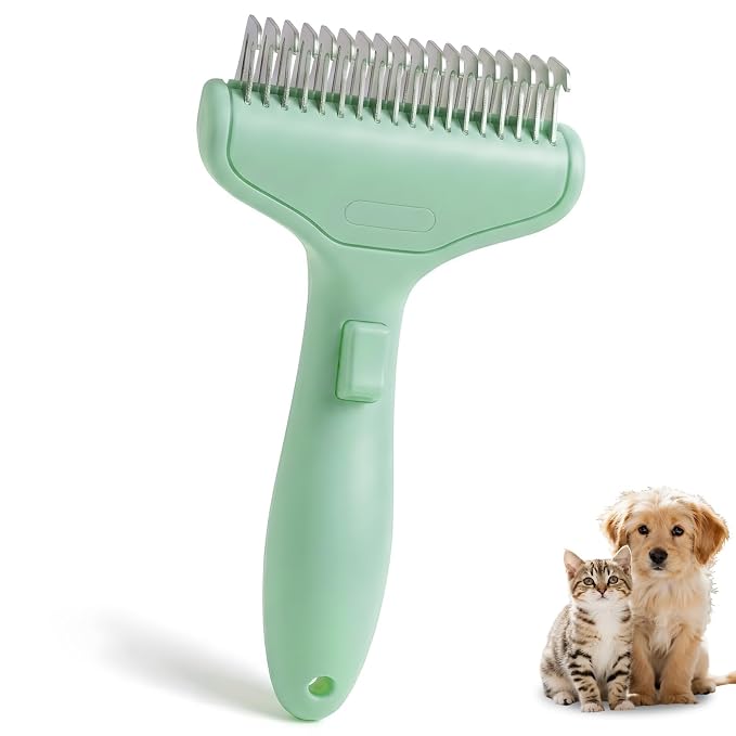 Dog Brush and Cat Deshedding Rake, Pet Grooming Tool for Shedding with Rounded Stainless Steel Teeth, Comfortable Grip for Long or Thick Coats (Style 2 Green)