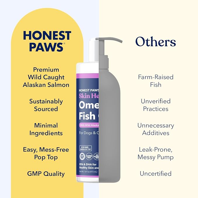 Honest Paws Salmon Oil for Dogs & Cats – Omega 3 Fish Oil Supplement for Skin, Coat, Joint & Heart Health – Natural, Sustainably Sourced Wild Alaskan Salmon, 16 oz (Pack of 2)