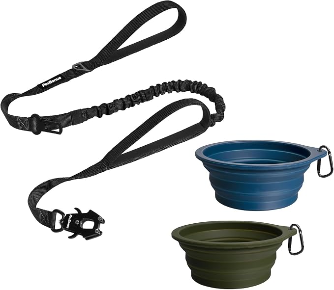 PetBonus Heavy Duty Tactical Dog Leash and 2-Pack Large Silicone Collapsible Dog Bowls