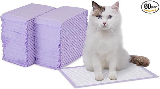 Amazon Basics Cat Pee Pads, Odor Control, Super Absorbent, Disposable, Universal Fit for Litter Box, Lemon Scent, White/Purple, 60 Count