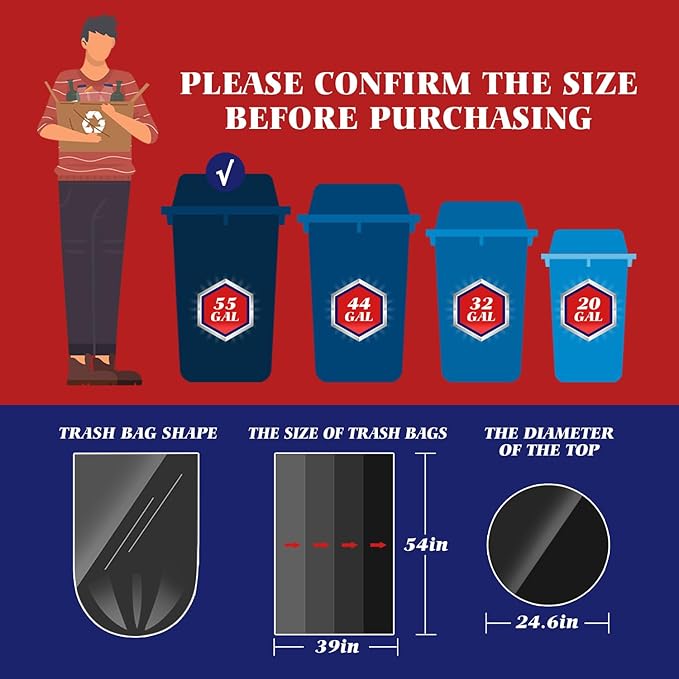 Teivio Black Large Trash Bags 55-60 Gallon 180 Count | Large Multipurpose | Fit 45,48,49,50,55,60 gallon Garbage Bin Liner | Kitchen | Lawn And Leaf Bags Outdoor Yard Waste Bag | Workshops Trash
