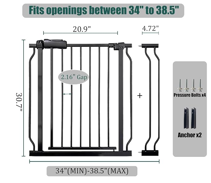 Baby Gate for Stairs 34-38.5" Dog Gate for Doorways, Walk Thru Auto Close Metal Baby Safety Gate for The House, Stairs and Doorways, Child Gate Pressure Mounted, Pet Gate for Dog Indoor - Black