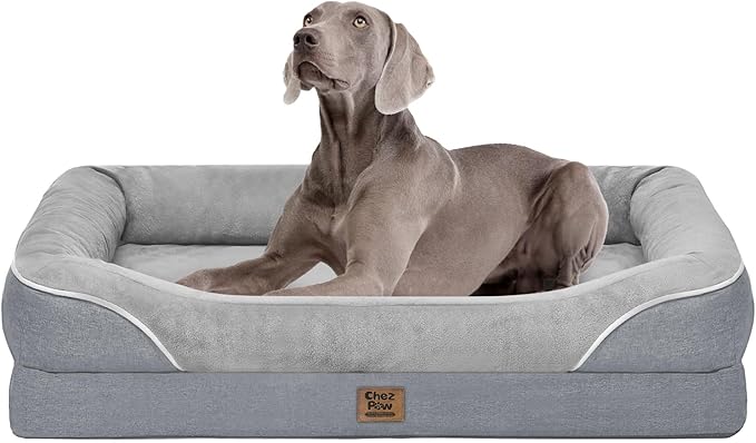 Chez Paw Jumbo Waterproof Dog Bed for Giant Dogs, Extra Thick Egg-Crate Foam Orthopedic Dog Sofa with Sides & Removable Washable Cover, Non-Slip Bottom, Silver 53"x42"x8.5"