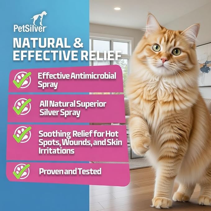 PetSilver Wound & Skin Spray for Cats - Chelated Silver, Superior to Colloidal Silver - Wound Care, Allergy & Itch Relief, Hot Spot Treatment for Cats - Natural Skin Soother - Made in USA - 2 fl oz