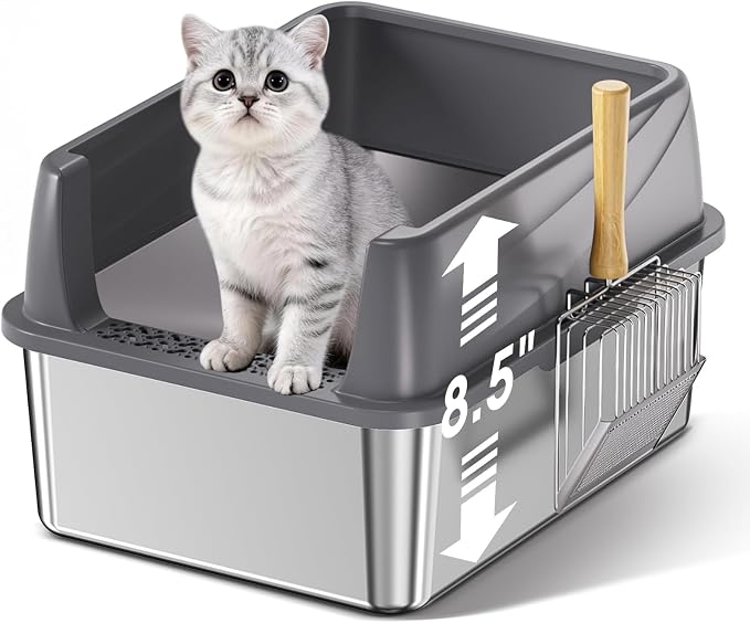 Stainless Steel Litter Box, 17.4'' x 13.5'' x 8.5'' Metal Kitty Litter Box for Small Cats Kitten High Sided Litter Boxs with Scoop Open Top Low Entry Easy to Clean Non-Sticky Anti-Leakage