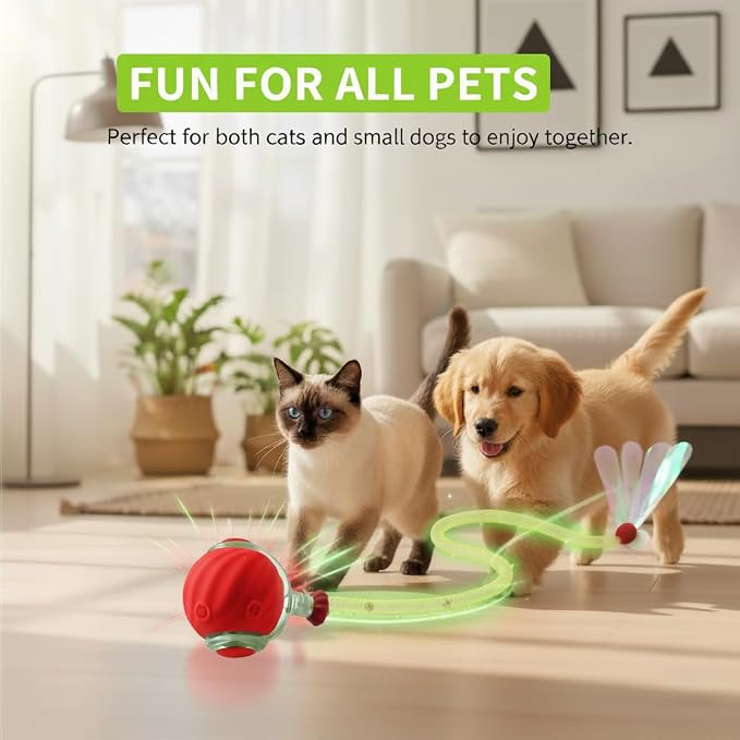 Interactive Cat Ball Toy with Tail for Indoor Cats Kittens – 2026 - Automatic Smart Rolling Motion Pet Exercise for Small Dogs | Rechargeable Motion-Activated, USB Charging Self-Play (RED)