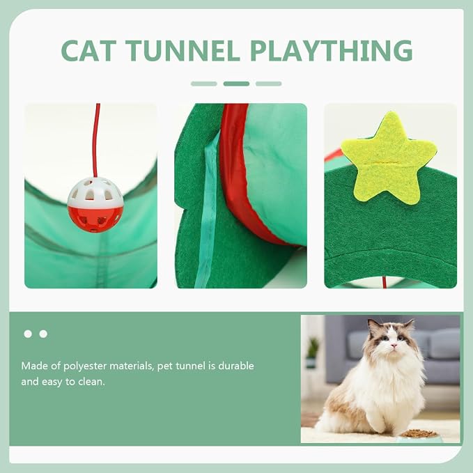 Christmas Tree Cat Tunnel Toys, 22" Foldable Indoor Cat Maze Tunnel with Crinkle Bell Ball for Kittens Puppy Small Pets Playing (Christmas Tree)