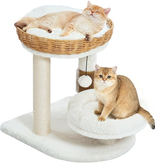 Made4Pets PE Rattan Cat Tree Tower with Scratching Post, 18 inch Small Cat Tree for Kittens, Handwoven Wicker Basket Bed with Soft Cushion, Cozy Cat Bed, Self Groomer and Hanging Plush Ball Toy