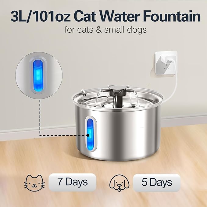 3L/101oz Stainless Steel Cat Water Fountain for Indoor Use - Ultra Quiet Automatic Cat Fountain for Drinking, BPA-Free Pet Water Dispenser for Cats/Small Dogs LED Window (2 Filters 2 Sponges)