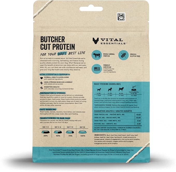 Vital Essentials Freeze Dried Dog Food Topper,Raw Beef Ground Topper for Dogs | Complete Meal or-Topper | High Protein,Grain Free Dry Dog Food Mix-in-| 6 oz Bag,(Pack of 2)