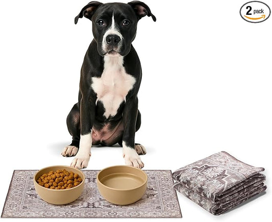 Lovewag Pets Waterproof 2-Pack Pet Feeding Mats - 16" x 24" Premium Cat & Dog Food Mat - Non-Slip, Machine Washable Food Mat Protects Floors & Contains Water Bowl Spills-Pet Place Mats (Caramel Crème)
