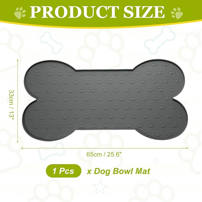 Dog Food Mat, 26x13 Inch Silicone Pet Feeding Mat Non-Slip Bone Shaped Waterproof Dog Water Bowl Tray Raised Edge Protects Floors (Gray), Intended for Pets Bowl/Fountain