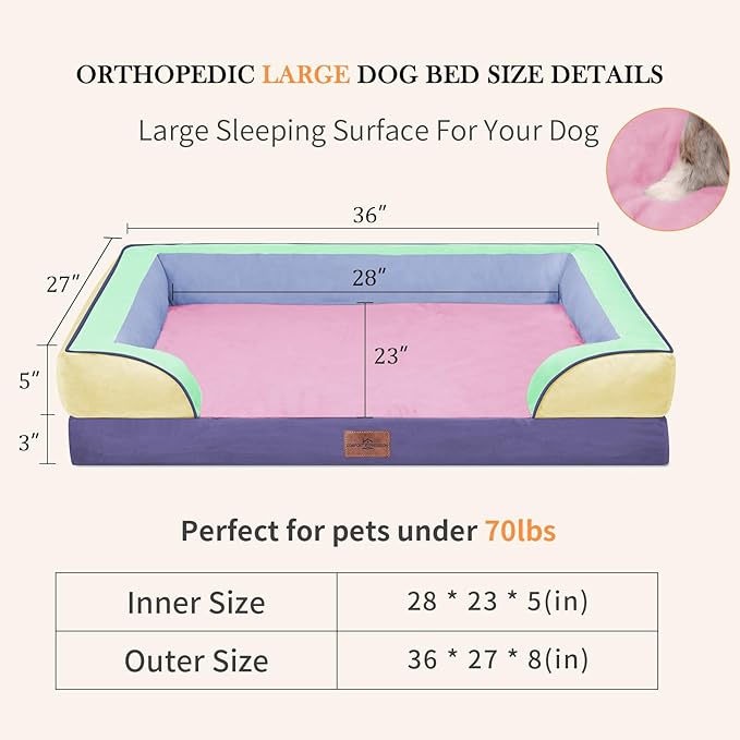 Comfort Expression Orthopedic Dog Bed for Large Dogs 36x27 Inch, Waterproof Egg Crate Foam Large Pet Bed with Bolsters, Dog Couch with Washable Cover & Non-Slip Bottom, Frosted Grape