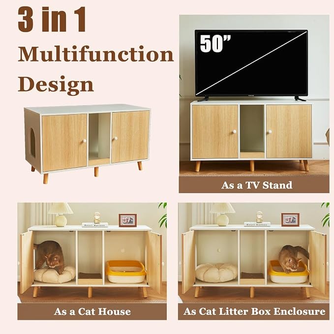Litter Box Enclosure for 2 Cats, 43" Hidden Cat Litter Box Furniture Cabinet with Scratching Pad and Double Room, Cat House Washroom, Side End Table Modern, Wood