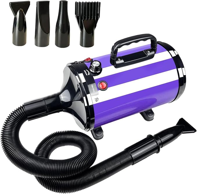 High Velocity Professional Dog Grooming Dryer,Adjustable Temperature and Speed Hair Dryer for Pets with 4 Nozzles Blue&Purple