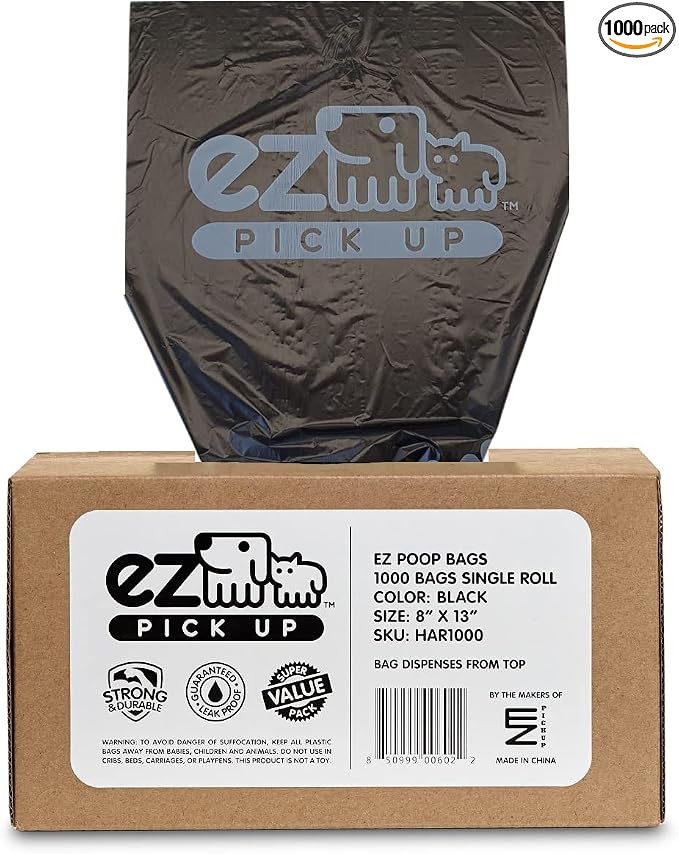 1000 EZ Pick Up Dog Waste Bags Poop Bag Black Color Large Poopy Puppy | heavy duty, poo training, one large roll, black poop bags, extra large, leak proof