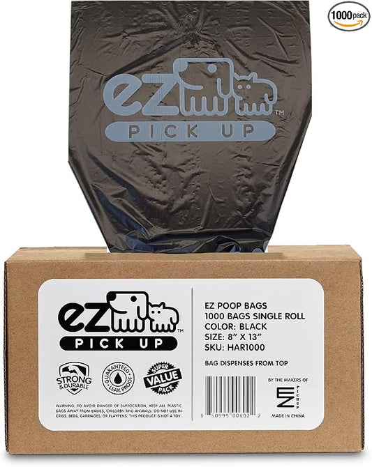 1000 EZ Pick Up Dog Waste Bags Poop Bag Black Color Large Poopy Puppy | heavy duty, poo training, one large roll, black poop bags, extra large, leak proof