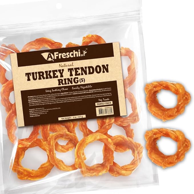 A Freschi srl Turkey Tendons for Dogs, USA-Sourced Human Grade, Rawhide-Free Long-Lasting Puppy Chews, All Natural Hypoallergenic Dog Treats for Small Breeds, Ring (S), 8 oz Pack