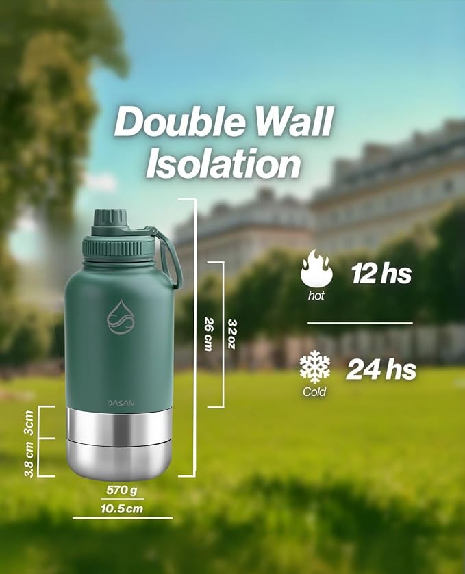 DASAN Portable Dog Water Bottle with Bowl - 32oz Insulated Stainless Steel, 3-in-1 Travel & Walking Pet Dispenser with 2 Food Containers for Hiking, Camping & Outdoor Adventures