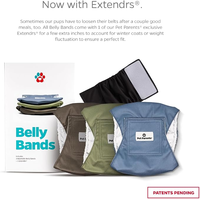 Pet Parents® Washable Belly Bands for Male Dogs (3pack) + Extendrs® of Durable Dog Diapers Male, Premium Male Dog Diapers & Dog Wraps (X-Small, Koda)