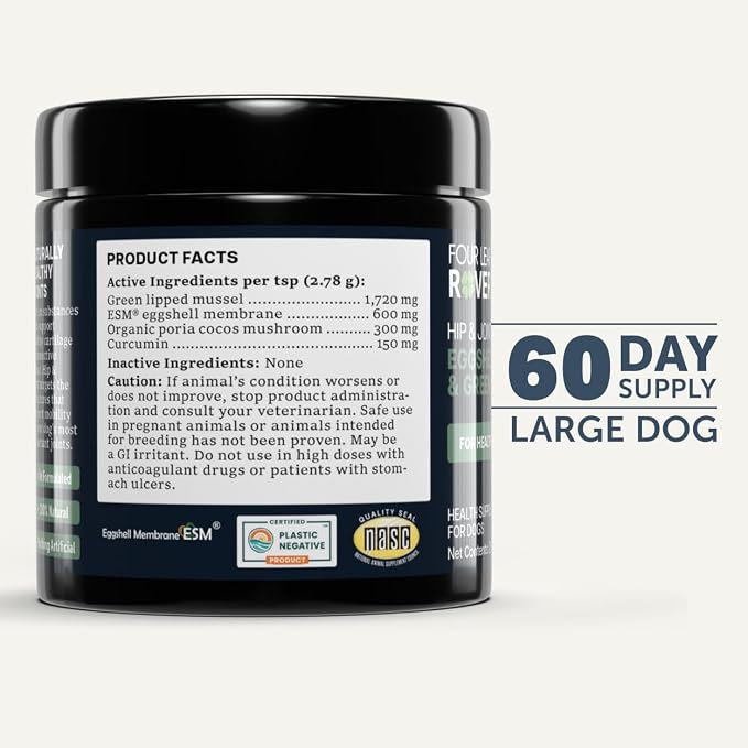 Four Leaf Rover Hip & Joint - Mobility & Joint Support with Glucosamine and Chondroitin for Dogs, 2.9 oz - 22 to 60 Day Supply, Depending on Dog’s Weight - Vet Formulated - Easy to Mix - Delicious