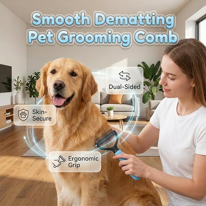 2-in-1 Dematting Comb for Dogs Cats, Double-Sided Undercoat Rake Deshedding Brush, Pet Pro Grooming Tool Removes Tangles Knots Fur, Gentle Grooming Brush for Long Haired Pets (2PCS, MIX)
