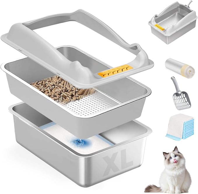 Stainless Steel Sifting Litter Box,XL Cat Litter Box with Lid,Pellet Litter Box for Big Cat,High Sides,Anti-Leakage,Easy Clean