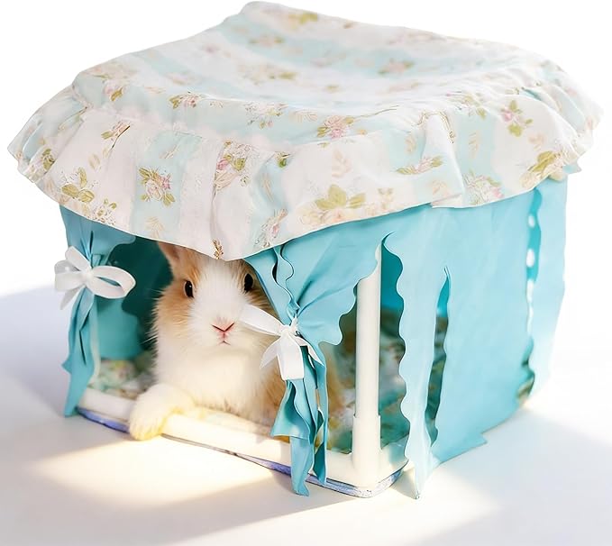 Hamster Hideout Tent with Curtain,Bunny Hideout, Machine Washable Guinea Pig Hide Tent Houses & Habitats, Triangular Hideout Shelter Small Animal Bed,Ferret, Rat, Chinchilla, Squirrel（Blue）
