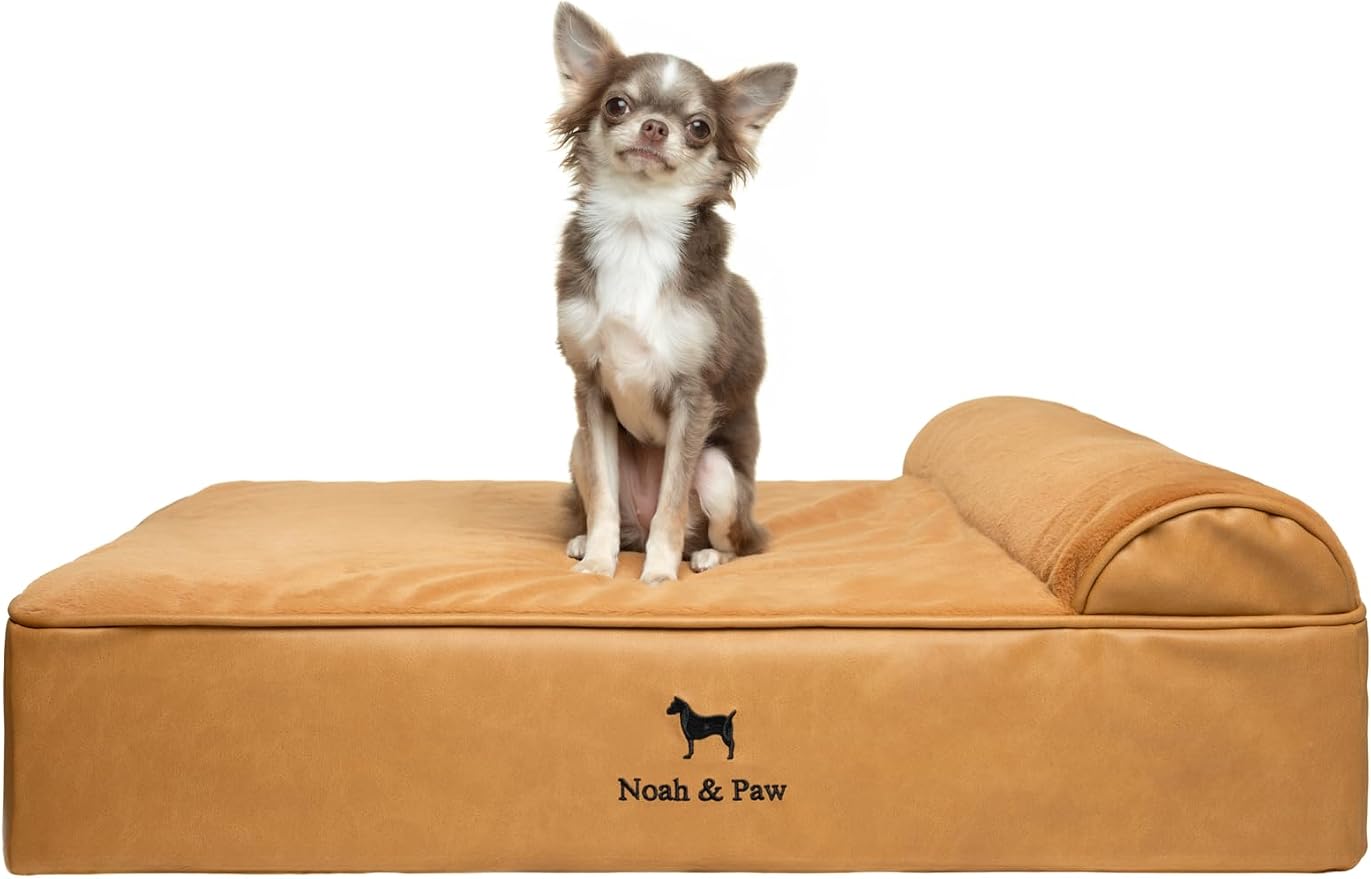NOAH & PAW Dog Bed, 28x23x7.5 Inch, Orthopedic Dog Beds for Medium Size Pets, Eggshell Memory Foam Infused with Cooling Gel, Water Resistant, Machine Washable, Includes Inner Cover (Faux Leather)