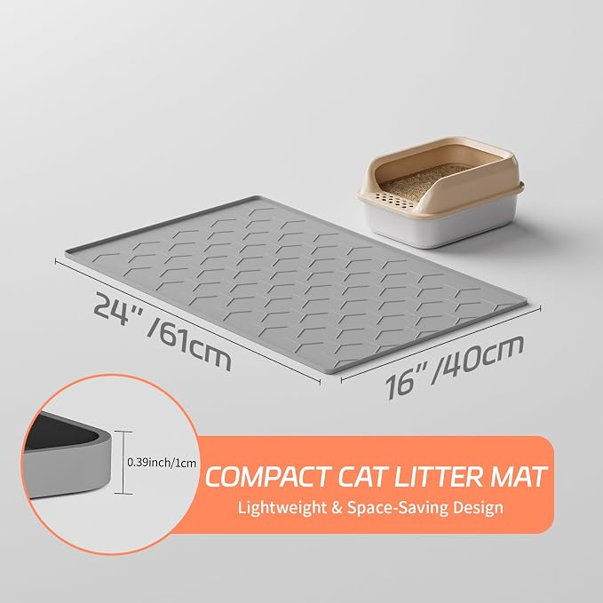 Bulkniu Silicone Cat Litter Mat with Raised Edges, Waterproof/Urineproof, Litter-Collecting Interior Ridges, Soft & Pet-Friendly (24"x16"-Grey)