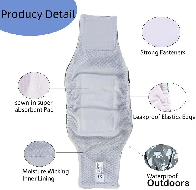 AIO Washable Male Dog Belly Band Pet Diapers Cute Claws Washable Male Puppy Diapers Belly Bands Reusable Dog Diapers Dog Diapers Male XL(Rainbow,Cow Pattern,Gray Claws)