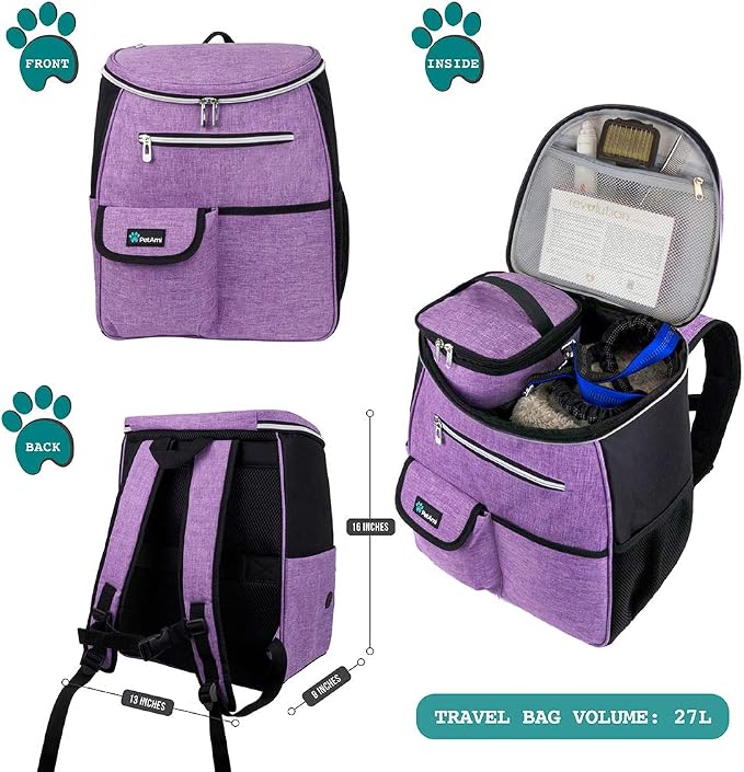 PetAmi Dog Travel Bag Backpack, 27L Airline Approved Pet Supplies Organizer with 2 Food Containers, 2 Collapsible Bowls & Poop Bag Dispenser, Weekend Road Trip Camping Dog Mom Gift, Purple