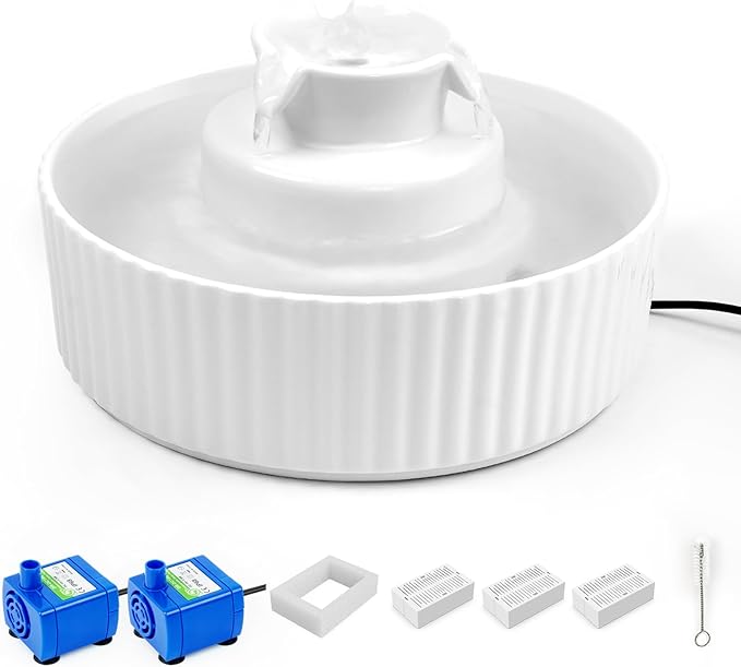Ceramic Cat Water Fountain, 2.1L/71oz Cupcake Pet Water Fountain for Cats and Dogs, Automatic Pet Drinking Fountain,Double Filtration System, Easy to Clean (White Fountain with 2 Water Pumps)