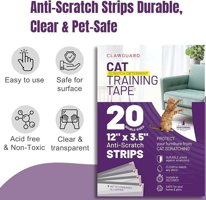 CLAWGUARD Cat Training Tape Strips – 20 Pre-Cut Double-Sided Anti Scratch Shields (12x3.5 in) – Cat Scratch Furniture Protector for Sofa & Surfaces