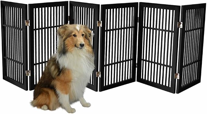 Urnporium Pet Dog Gate Freestanding, Strong Durable Folding Wooden Fence, Portable Acacia Hardwood Safety Barrier for Indoor & Outdoor Use (Black Pet Gate, 6 Panel 30" Tall)
