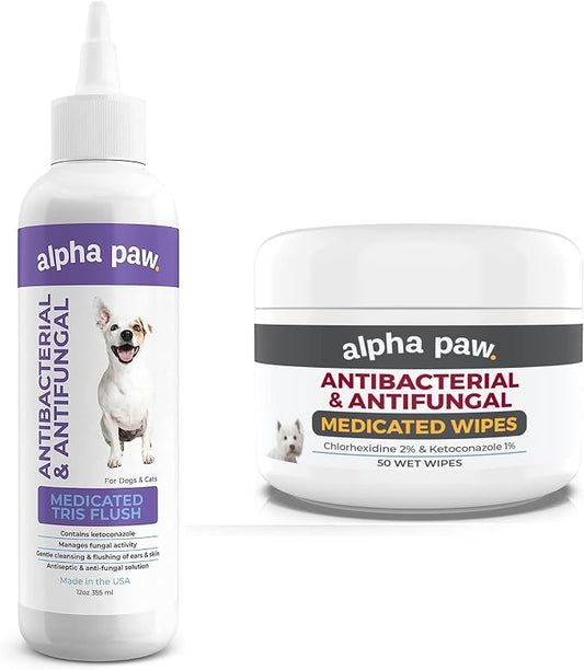 Smiling Paws Pets Comprehensive Pet Care Bundle: Tris Flush Dog & Cat Ear Cleaner Solution with Advanced Cat & Dog Skin Treatment Wipes