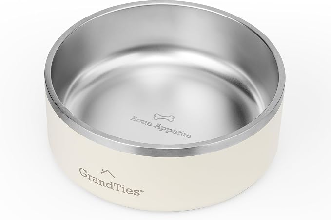 GrandTies Stainless Steel Engraved Pet Bowl | Reusable BPA-Free Insulated Cat & Dog Bowls | Large Heavy Duty Non Skid Spill Proof Dog Bowl | Outdoor Dog Water Bowl (42oz, Ivory White)