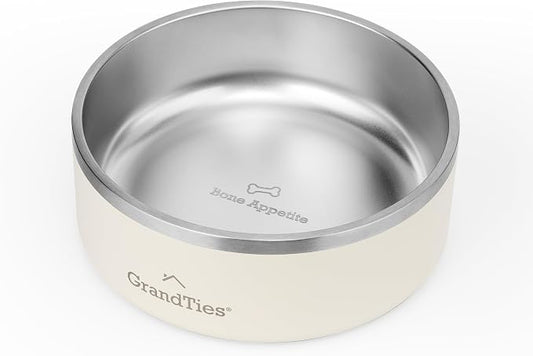 GrandTies Stainless Steel Engraved Pet Bowl | Reusable BPA-Free Insulated Cat & Dog Bowls | Large Heavy Duty Non Skid Spill Proof Dog Bowl | Outdoor Dog Water Bowl (42oz, Ivory White)