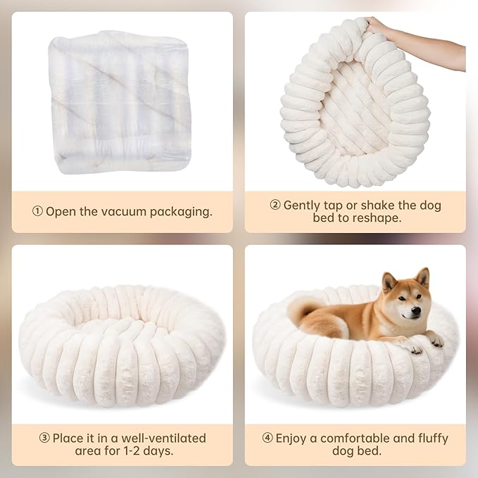 Donut Dog and Cat Bed, Luxurious Comfortable Faux Rabbit Fur Pet Beds, Round Anti-Anxiety Calming Puppy Kitten Bed with Anti-Slip Bottom for Small Medium Dogs & Cats(28", White)