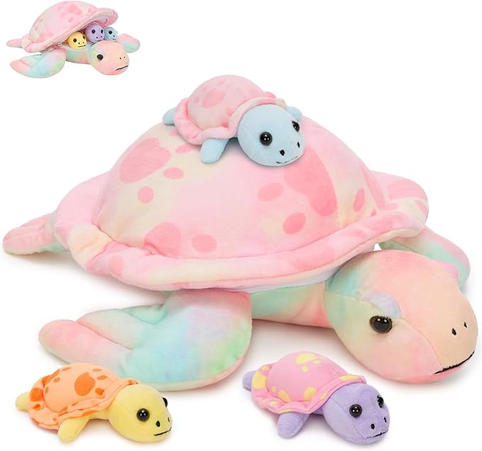 Muiteiur Turtle Stuffed Animals 4 Packs, Sea Turtle Plush Toy Set - Soft Mommy Stuffed Animal Turtle with 3 Babies, Cute Toys for Kids & Toddlers (Pink)