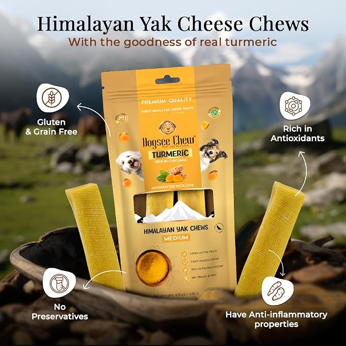 Dogsee Himalayan Yak Cheese Dog Chews with Turmeric/Curcumin (Medium - 2 Chews), All Natural Long Lasting, Anti-inflammatory, Odorless High Protein Chew,60% Protein Dog Treats for Active Chewers